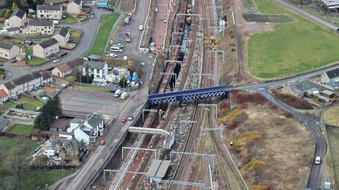 Aerial view of Carstairs Junction station with extensive engineering works in progress