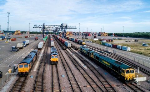 Aerial view of freight trains at Felixstowe with cranes in background
