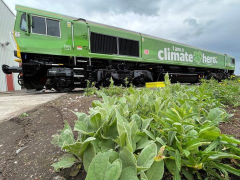 DB Cargo UK locomotive painted in green Climate Hero livery