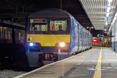 Head on view of Class 321 EMU ready to depart from platform at Birmingham International