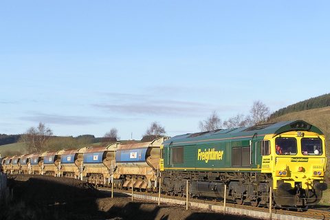 Engineering train on the Borders Railway in Scotland seen from the lineside